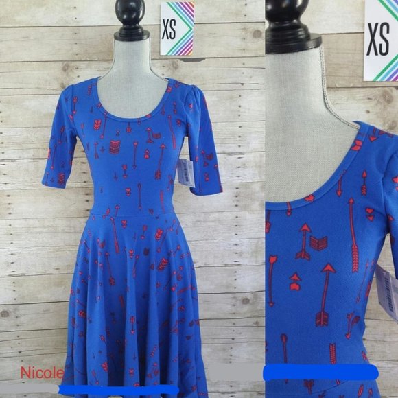 NWT LuLaRoe Nicole Dress XS - Red & Black Arrows on Blue - Picture 1 of 1